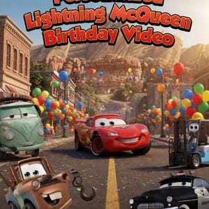 May include: A vibrant image featuring characters from the animated movie "Cars." Lightning McQueen, a red race car, is the focal point, surrounded by other vehicles and colorful balloons. The text "Personalized Lightning McQueen Birthday Video" is displayed at the top.
