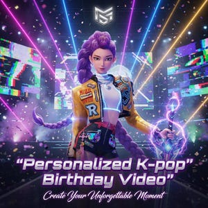 May include: Digital illustration of a female character with purple hair and a yellow jacket, holding a glowing sword. The image promotes a "Personalized K-pop Birthday Video" with text at the bottom, set against a stage background with neon lights.