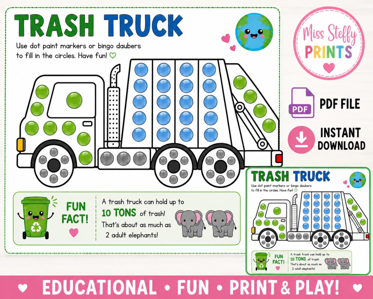 Trash Truck Dot Paint Activity Printable | Toddler Transportation Bingo