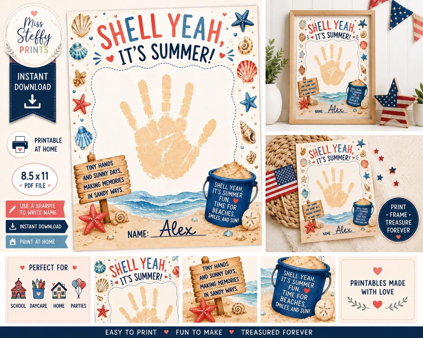 30 DIY Beach Crafts For Kids Perfect On Sunny Days 9 Shell Yeah It's Summer Handprint Craft Printable Summer Keepsake for…