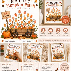 May include: A printable My Little Pumpkin Patch art project featuring a wooden wagon illustration with orange fingerprint pumpkins, a sign reading Fall is Here, and spaces for a name and date, designed for 21.6 x 27.9 cm paper format.
