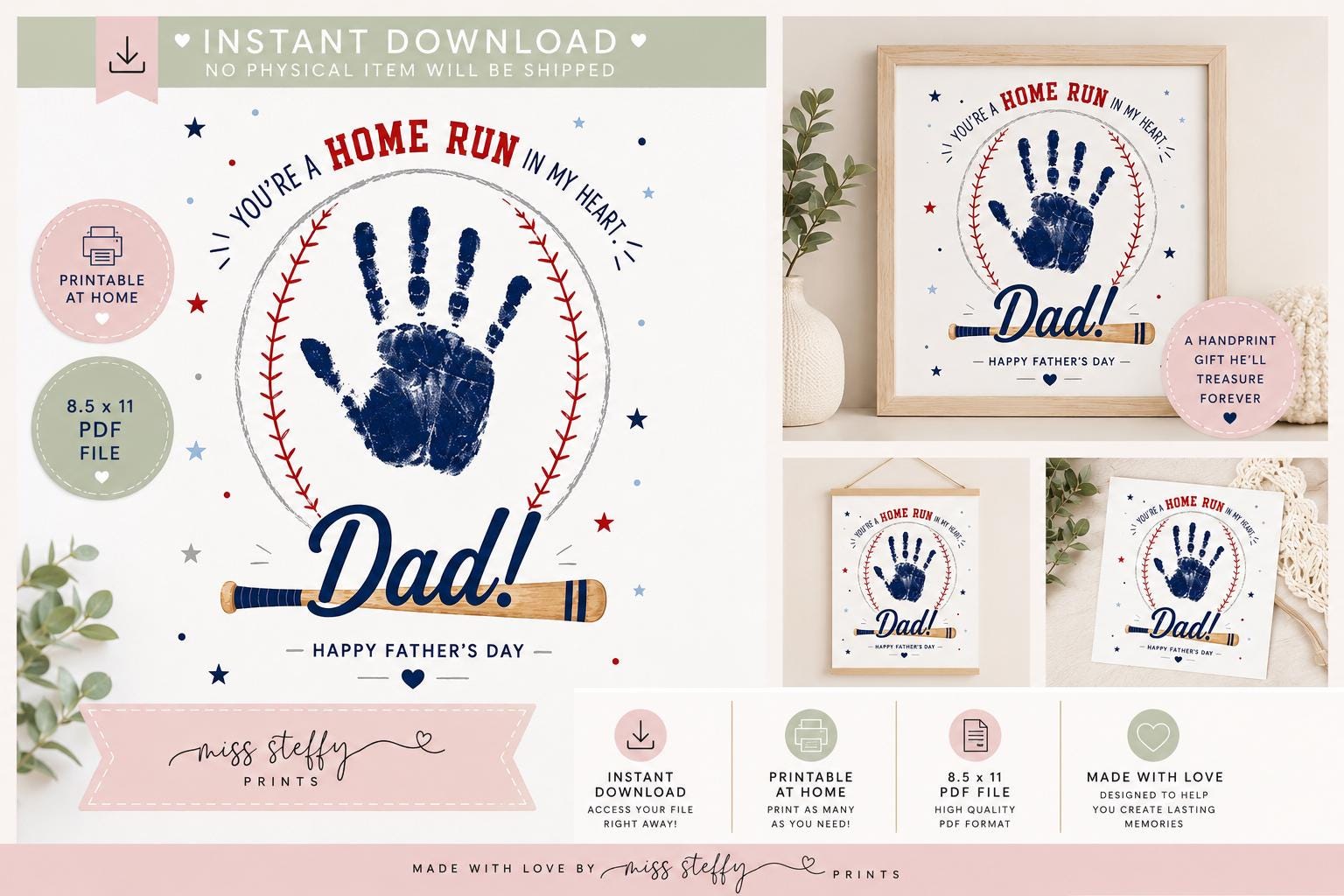 Father's Day Handprint Craft Printable Baseball Dad Keepsake Toddler…