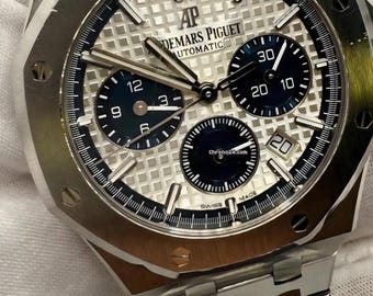Reloj cronógrafo Panda para hombre – Brazalete integrado de acero inoxidable, subesferas azules (grabadas)