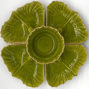 California Pottery G-20 Avocado Green & Gold Leaf Chip and Dip Set | 5-Piece MCM Serving Set | 1960s Vintage Entertaining