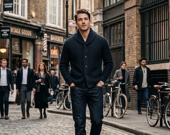 Cardigan da uomo a maglia grossa con collo a scialle, maglione invernale caldo con bottoni, colore scuro.