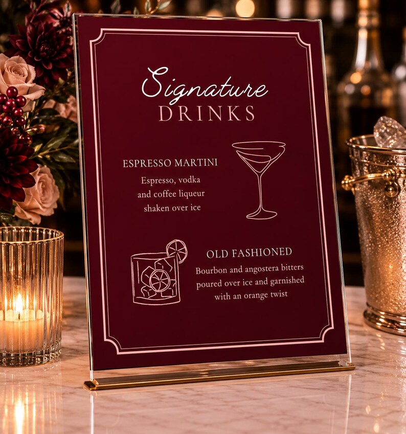 Merlot Wedding Bar Menu Template, Moody Romantic Signature Drinks Sign ...