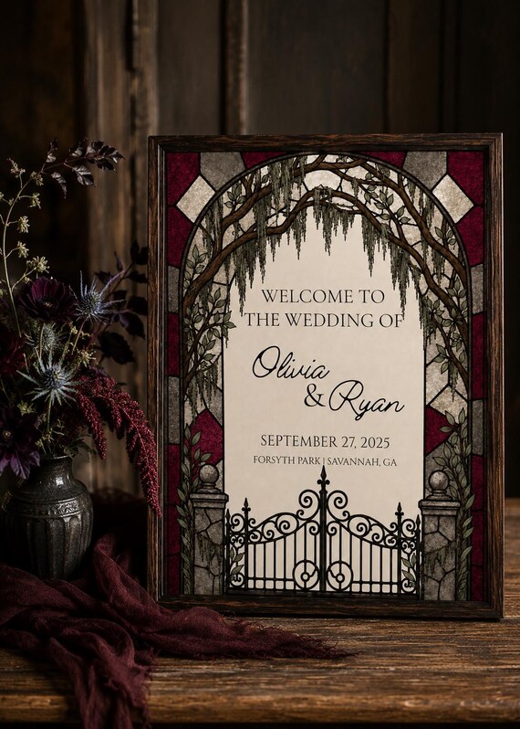 Gothic Wedding Welcome Sign, Stained Glass, Southern Gothic Decor (Editable Canva Template)
