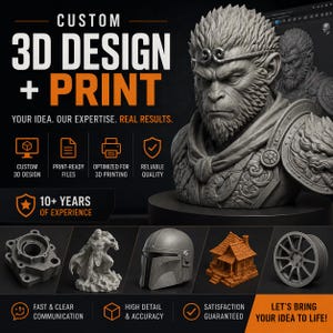 Puede incluir: Un anuncio de servicios de diseño e impresión 3D. La imagen presenta un busto de una figura simiesca, junto con ejemplos de objetos impresos en 3D. El texto incluye "Custom 3D Design + Print" y "Your idea. Our expertise. Real results."