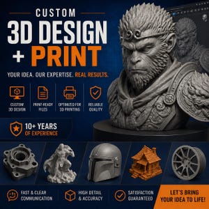 May include: A promotional graphic for custom 3D design and printing services featuring a grey bust of a monkey warrior, a mechanical part, a caped figure, a helmet, a small house model, and a wheel. Text includes CUSTOM 3D DESIGN + PRINT.