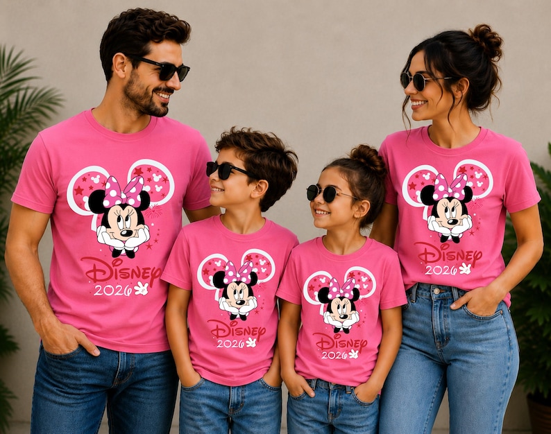 May include: Four people wearing matching pink t-shirts with a Minnie Mouse graphic and the text "Disney 2020". The shirts feature a large Minnie Mouse head design with a pink bow and stars. They are wearing blue jeans and sunglasses.