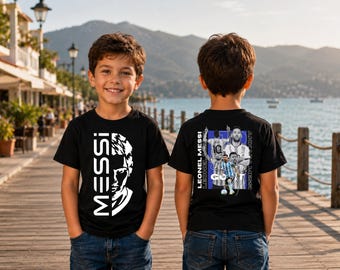 Messi Graphic Kids Soccer Shirt, Blue Football Fan Tee, Youth Sports Unisex Apparel