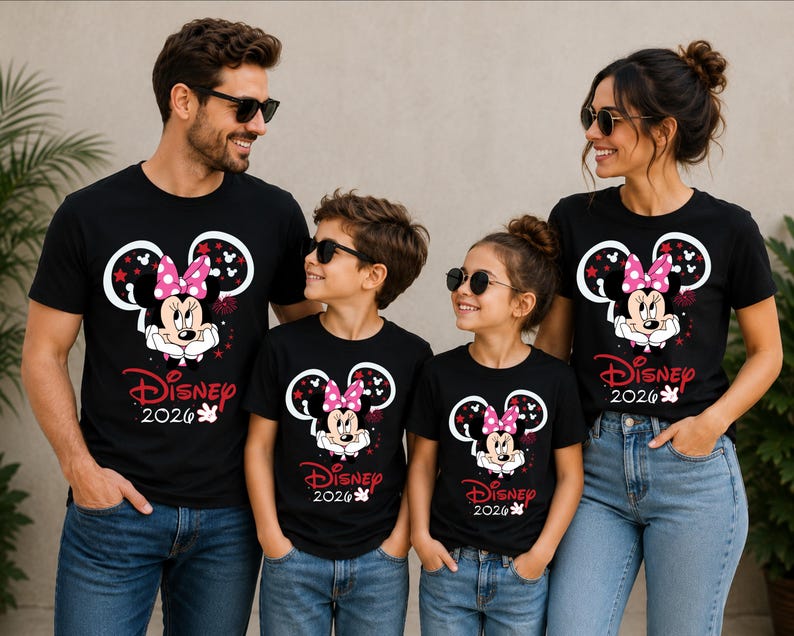 May include: Four people wearing matching black t-shirts with a Minnie Mouse graphic and the text "Disney 2026". The Minnie Mouse design includes a pink bow, white gloves, and red accents. The family is wearing sunglasses and blue jeans.