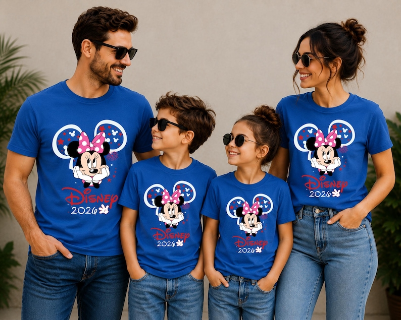 May include: A family of four wearing matching blue t-shirts featuring a Minnie Mouse graphic with a pink bow and the text "Disney 2026". The shirts are paired with blue jeans.