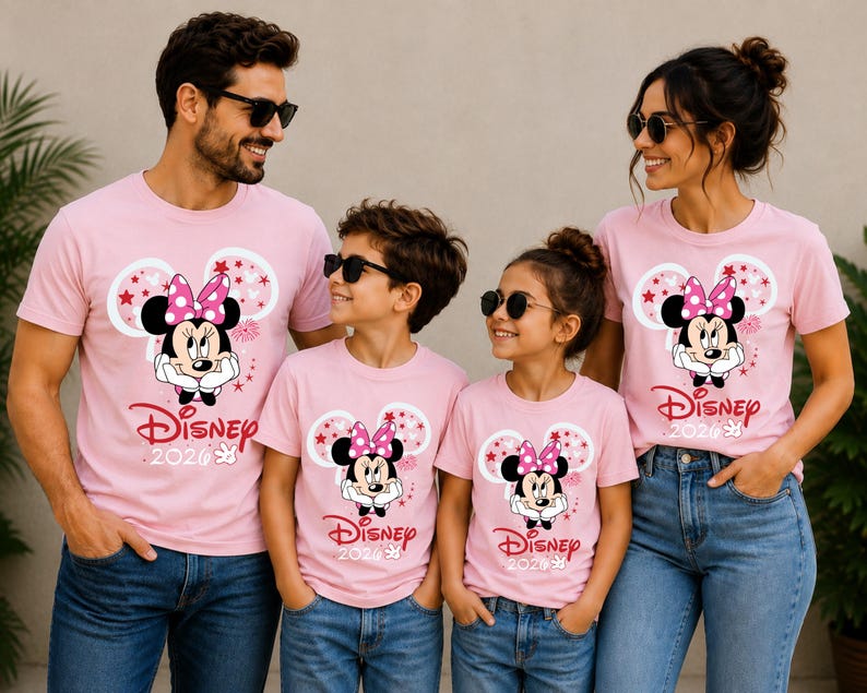 May include: Pink t-shirts featuring a Minnie Mouse graphic, worn by a family of four. The design includes Minnie's face, a pink bow, and the word "Disney" with the year "2020" printed below. The family is wearing sunglasses and blue jeans.