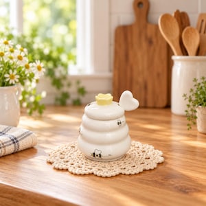 May include: A white ceramic honey pot with a beehive shape, featuring a yellow flower knob on the lid and a heart-shaped handle. The pot is decorated with small black and yellow bee illustrations and has a smooth, glossy finish throughout.