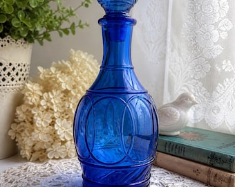Decantador de vidrio azul cobalto con tapón – Artículos de bar de mediados de siglo, estilo Indiana Glass
