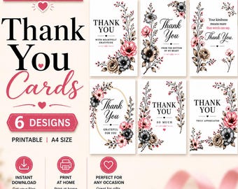 Bedankkaarten met bloemen, set mininotities, 6 ontwerpen (digitale download)