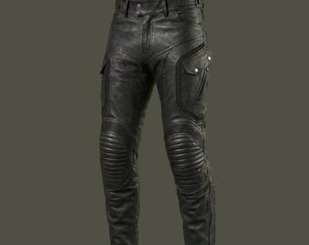 HMen's Matte Black Leather Motorcycle Pants | Ribbed Knee Biker Trousers | Tactical Cargo Riding Gear