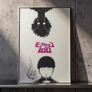 Könnte beinhalten: Ein rechteckiges Poster in einem dünnen Rahmen mit einem Mob Psycho 100 Motiv. Das Design zeigt oben eine schwarze Silhouette, in der Mitte den pinkfarbenen Schriftzug Mob Psycho 100 und unten eine schwarz-weiße Illustration von Mob und Dimple.