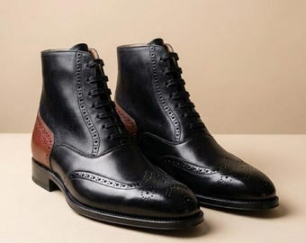 Handmade Men Black Dress Boots Two Tone Leather Wingtip Brogue Oxford Boots