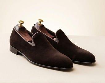 Men's Handcrafted Brown Velvet Loafers, Bespoke Evening Slip-On Shoes