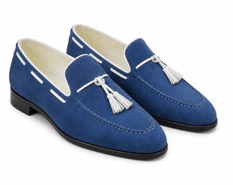 Mens Blue Suede Loafers Handmade Tassel Slip On Dress Shoes