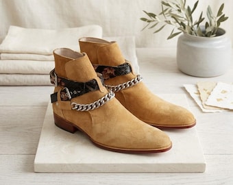 Handmade Tan Suede Chain Boots Men Jodhpur Harness Ankle Boots