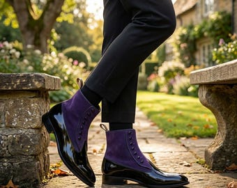 Men's Victorian Button Boots, Blue Suede & Black Patent Leather Dress Shoes