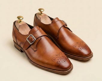 Handmade Brown Leather Monk Strap Shoes Men Brogue Dress Shoes