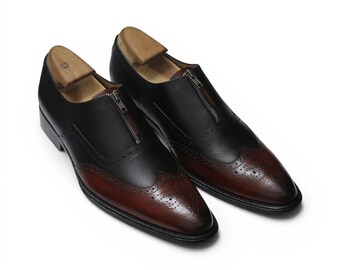 Mens Zip Front Wingtip Brogue Shoes | Two Tone Leather Oxfords