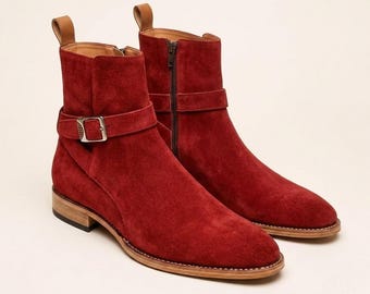 Handmade Red Suede Jodhpur Boots Men Buckle Ankle Boots