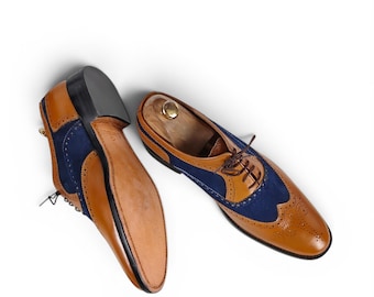 Handmade Men Tan Leather Blue Suede Wingtip Oxford Brogue Dress Shoes
