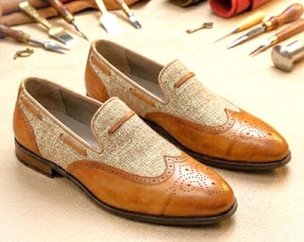 Handmade Men Tan Leather Loafers , Wingtip Brogue Slip On Shoes