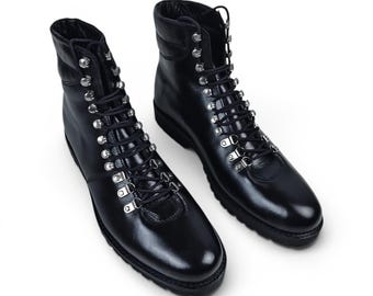 Handmade Black Leather Combat Boots, Lace Up Hiking Style Ankle Boots for Men