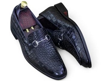 Men Black Crocodile Embossed Leather Horsebit Loafers Luxury Shoes