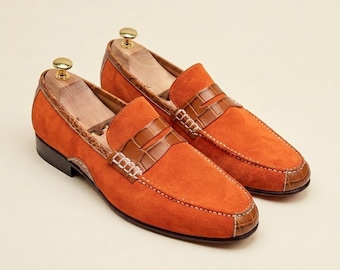 Handmade Orange Suede Men Loafers, Luxury Alligator Leather Penny Shoes