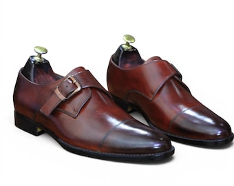 Handmade Men Leather Single Monk Strap Shoes Luxury Cap Toe Dress Shoes