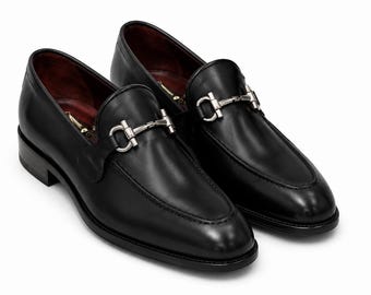 Men's Handcrafted Black Leather Bit Loafers, Bespoke Formal Slip-On Dress Shoes