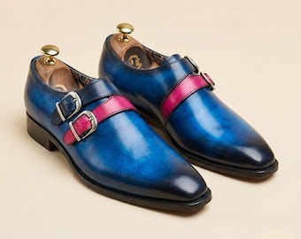 Mens Blue Leather Monk Strap Shoes Handmade Patina Dress Loafers