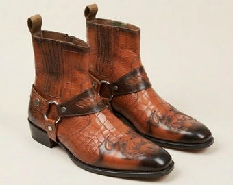 Handmade Men Brown Leather Cowboy Boots, Exotic Alligator Harness Western Boots