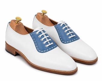Handmade Men Blue White Saddle Shoes Leather Oxford Dress Shoes