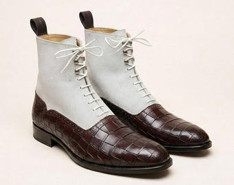 Handmade Grey Suede & Brown Crocodile Print Leather Boots, Men's Dress Ankle Boots