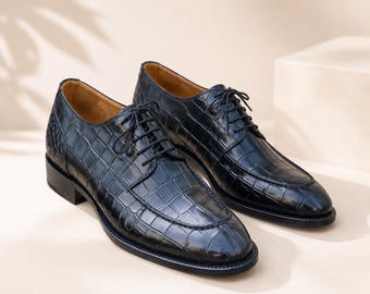Handmade Black Croc Embossed Leather Men Derby Dress Shoes