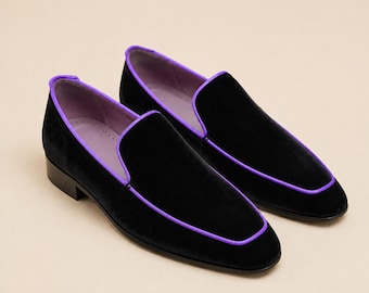 Handmade Black Velvet Loafers with Purple Piping, Mens Luxury Slip On Shoes