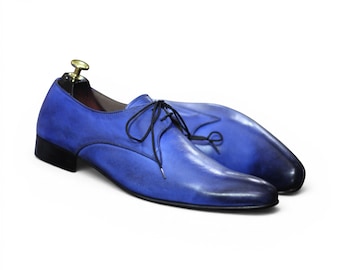Zapatos de vestir de cuero patinado hechos a mano para hombre, zapatos Oxford coloridos con cordones.