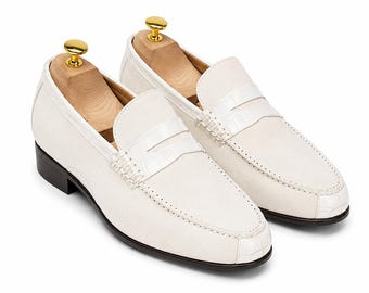 Mens off White Suede Penny Loafers Handcrafted Croc Dress Shoes