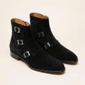 Handmade Mens Black Suede Triple Buckle Boots - Handcrafted Ankle High Designer Fashion Boots