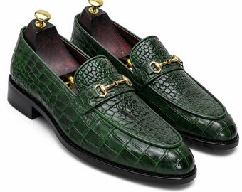 Men's Handcrafted Green Crocodile Print Leather Bit Loafers, Bespoke Exotic Style Slip-On Dress Shoes