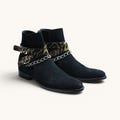 Handmade Black Suede Harness Boots, Mens Luxury Ankle Boots with Chains