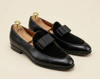 Handmade Black Leather Opera Pumps Men Tuxedo Loafers Bow